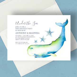 Twins 1. Geburtstag Wasserfarbe Whale Starfish Einladung