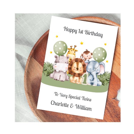 Twins 1st Birthday Safari Leaf Animals Card Karte