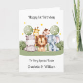 Twins 1st Birthday Safari Leaf Animals Card Karte (Vorderseite)