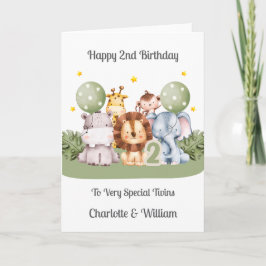 Twins 2nd Birthday Safari Leaf Animals Card Karte