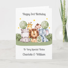Twins 3rd Birthday Safari Leaf Animals Card Karte