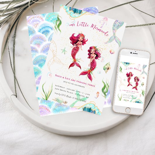 Twins | Aquarell Glitzer Mermaid Birthday Einladung