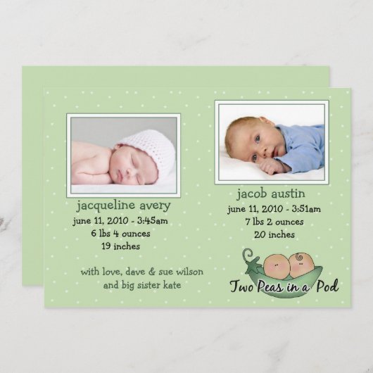 Twins Baby Announctions Cards Ankündigung (Vorne/Hinten)