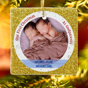 Twins Baby Boys 1. Weihnachten als Godeltern 2 Fot Keramikornament