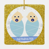 Twins Baby Boys 1. Weihnachten als Godeltern 2 Fot Keramikornament (Rückseite)