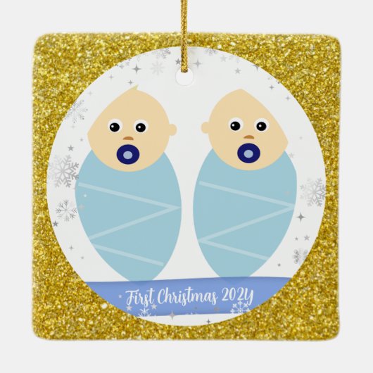 Twins Baby Boys 1. Weihnachten als Godeltern 2 Fot Keramikornament (Rückseite)