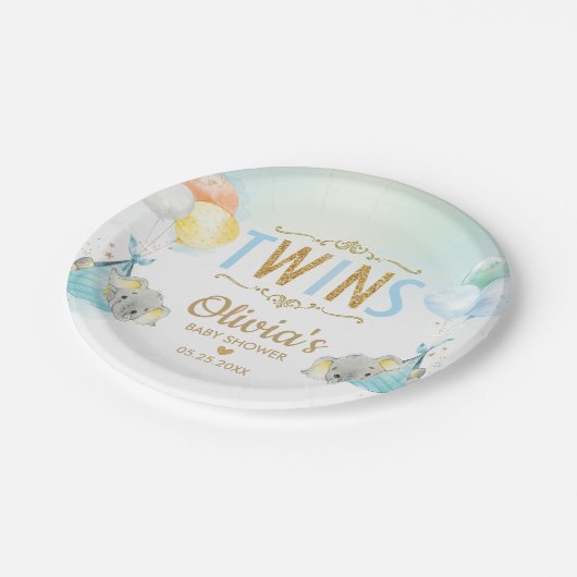 Twins Baby Boys Elephant Balloons Babydusche Pappteller (Schrägansicht)
