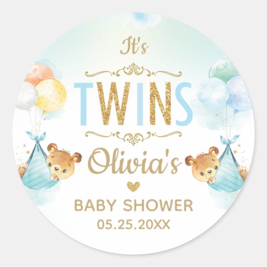 Twins Baby Boys Niedlich Bears Balloons Babydusche Runder Aufkleber (Vorderseite)