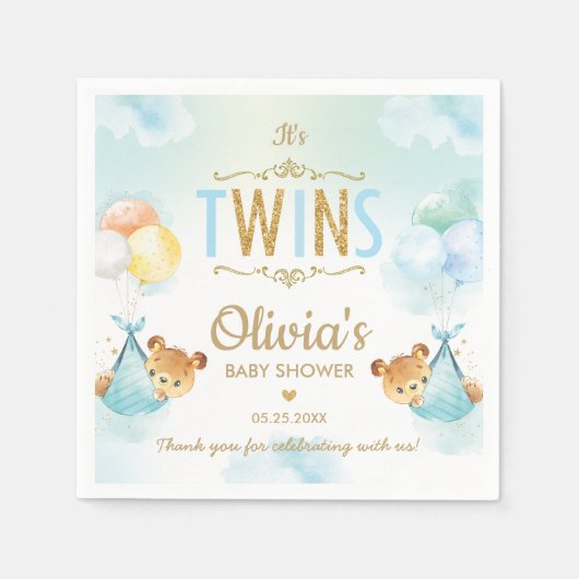 Twins Baby Boys Niedlich Bears Balloons Babydusche Serviette (Vorderseite)
