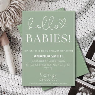 Twins Baby Dusche, Hallo Babys, einfache Typografi Einladung