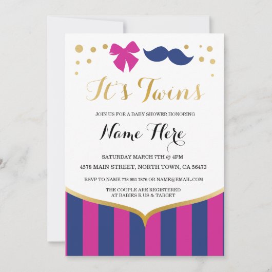 Twins Baby Dusche Navy Pink Girl Boy Einladung (Vorderseite)