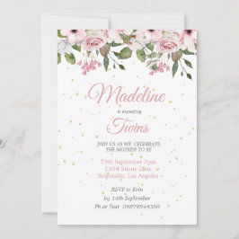 Twins Baby Dusche Niedlich Lion Pink Floral Gold Einladung