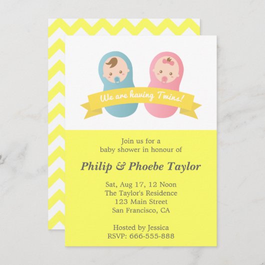 Twins Baby Dusche - Niedlicher Baby Boy und Mädche Einladung (Vorne/Hinten)