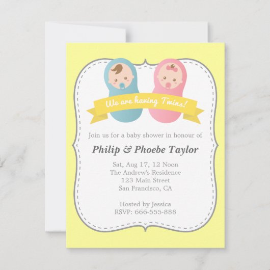 Twins Baby Dusche - Niedlicher Baby Boy und Mädche Einladung (Vorderseite)