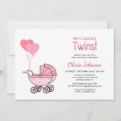 Twins Baby Dusche Pink Balloons und Stroller Einladung (Vorderseite)