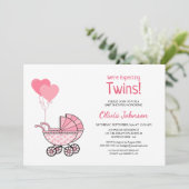 Twins Baby Dusche Pink Balloons und Stroller Einladung (Stehend Vorderseite)