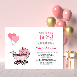 Twins Baby Dusche Pink Balloons und Stroller Einladung
