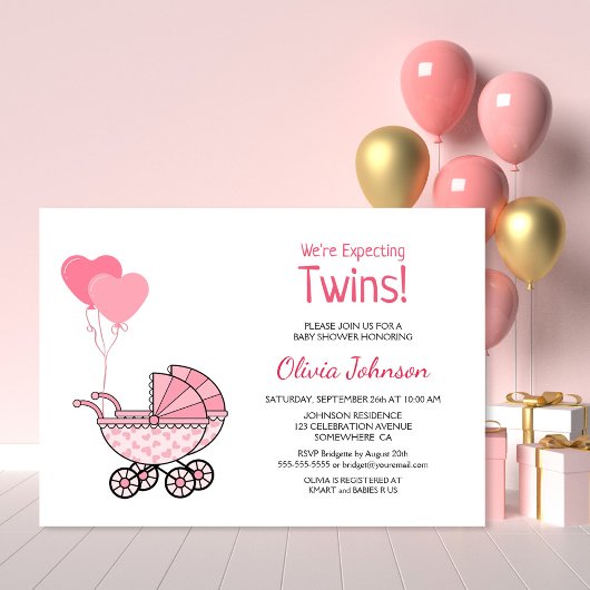 Twins Baby Dusche Pink Balloons und Stroller Einladung