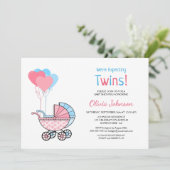 Twins Baby Dusche Pink Blue Balloons und Stroller Einladung (Stehend Vorderseite)