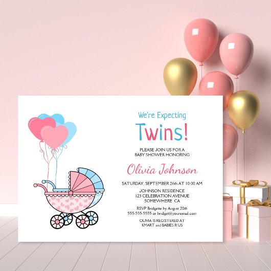 Twins Baby Dusche Pink Blue Balloons und Stroller Einladung