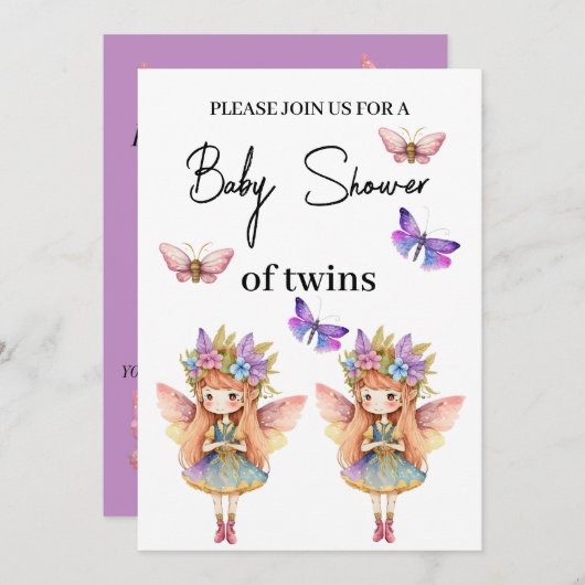 Twins Baby Duschfee mit Fliegengewächsen Einladung (Vorne/Hinten)