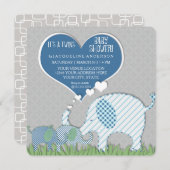 Twins Baby Duwer Heart Elephants Grau Blue Green Einladung (Vorne/Hinten)