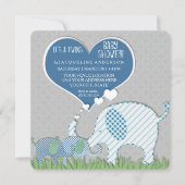 Twins Baby Duwer Heart Elephants Grau Blue Green Einladung (Vorderseite)