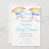 Twins Baby Duwer Regenbogen Wolken Blue Gold Spots Einladung (Vorderseite)