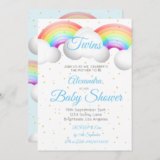 Twins Baby Duwer Regenbogen Wolken Blue Gold Spots Einladung (Vorne/Hinten)