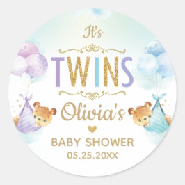 Twins Baby Girl Boy Bears Balloons Babydusche Runder Aufkleber