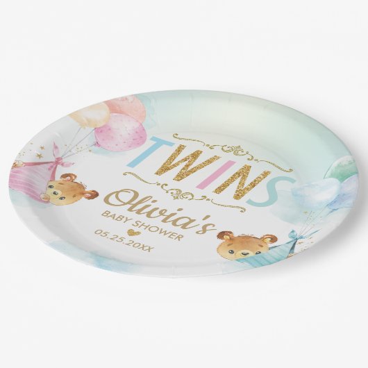 Twins Baby Girl Boy Niedlich Bear Balloons Babydus Pappteller (Schrägansicht)