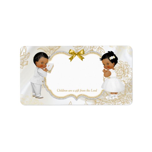 Twins Baby Girl Boy Taufe Christening Gold White Adressaufkleber (Vorne)