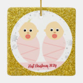 Twins Baby Girls 1. Weihnachten als Godeltern 2 Fo Keramikornament (Rückseite)