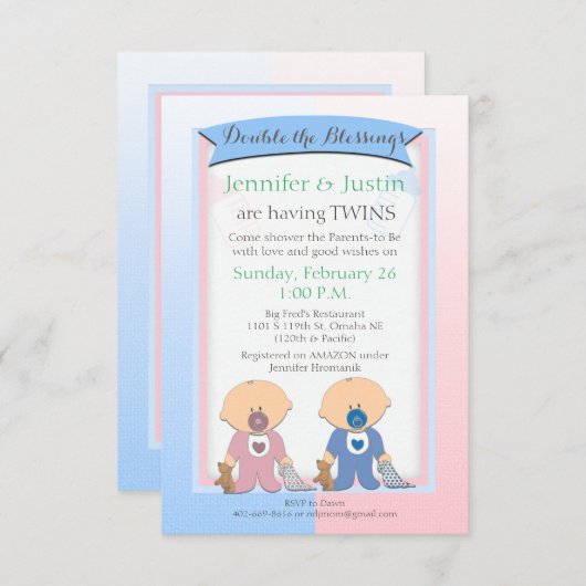 Twins Baby Shower Blue and Pink Blankets (Jen) Einladung (Vorne/Hinten)