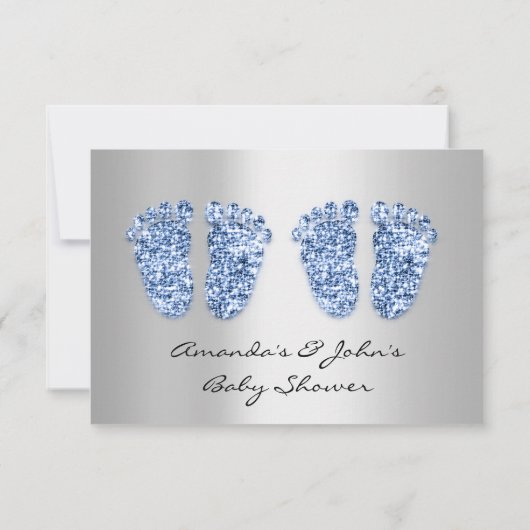 Twins Baby Shower Feet Glitzer Blue Boys Gray Einladung (Rückseite)