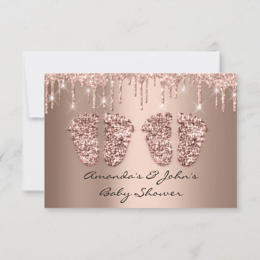 Twins Baby Shower Feet Glitzer Rose Tropfen Girl B Einladung (Rückseite)