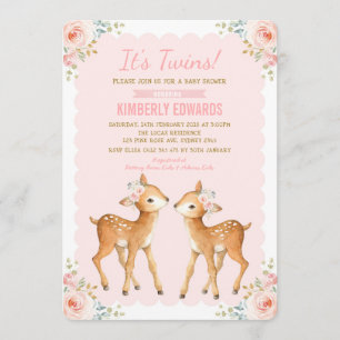 Twins Baby Shower Girl Deer Blush Pink Floral Einladung