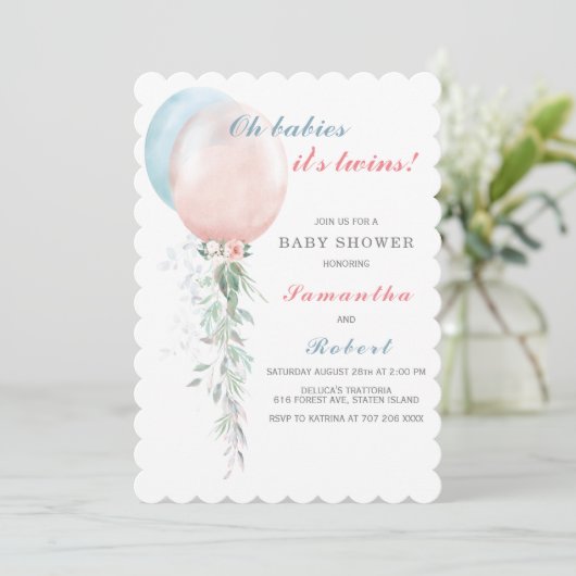 Twins Baby Shower Invitation Boy and Girl Einladung (Stehend Vorderseite)