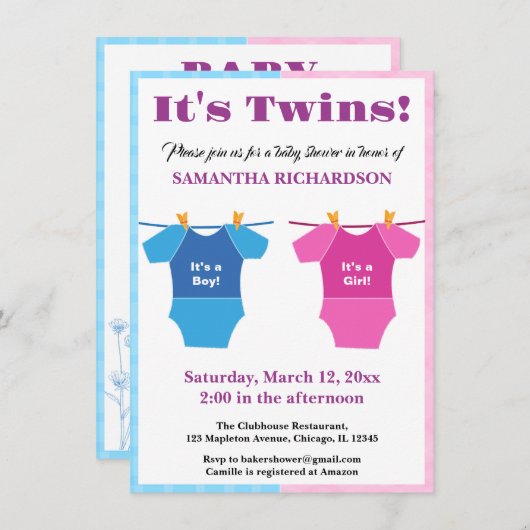 Twins Baby Shower Party Girl Boy. Einladung (Vorne/Hinten)