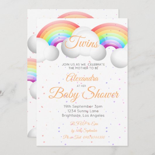 Twins Baby Shower Regenbogen Wolken farbenfrohe Sp Einladung (Vorne/Hinten)