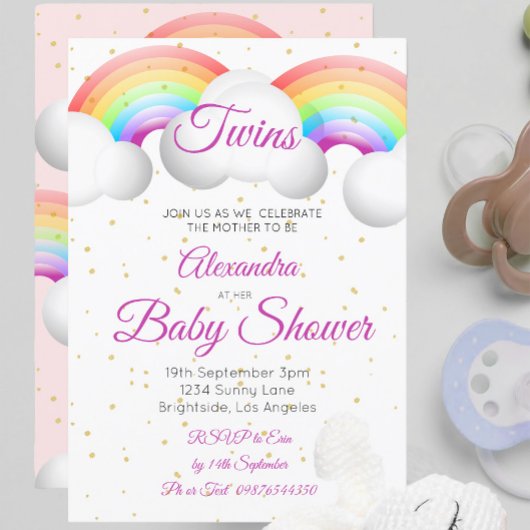 Twins Baby Shower Regenbogen Wolken Pink Gold Spot Einladung