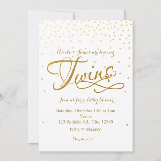 TWINS Baby Shower Unisex White & Gold Einladung (Vorderseite)