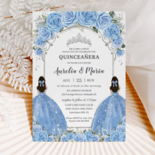 Twins Bahama Sky Blue Floral Silver Quinceañera Einladung