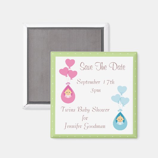 Twins & Balloons Save the Date Babydusche Magnet (Vorderseite/Rückseite)