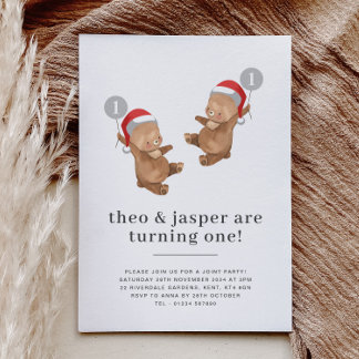 Twins Bear Balloon Weihnachtsmannmütze Erster Gebu Einladung