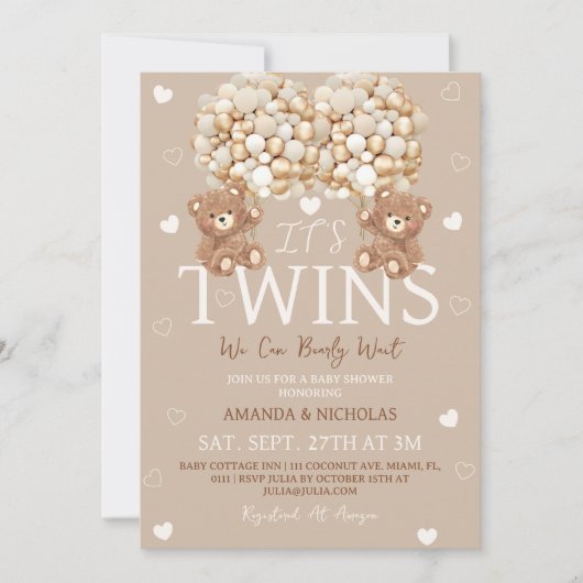 Twins Bear Tan Ivory Hearts & Balloons Babydusche Einladung (Vorderseite)