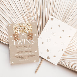 Twins Bear Tan Ivory Hearts & Balloons Babydusche Einladung