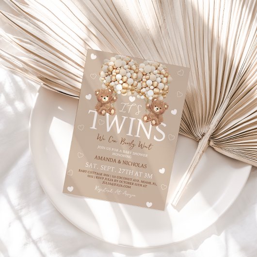 Twins Bear Tan Ivory Hearts & Balloons Babydusche Einladung
