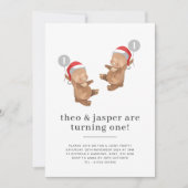 Twins Bear Weihnachtsmannmütze Erster Geburtstag F Einladung (Vorderseite)