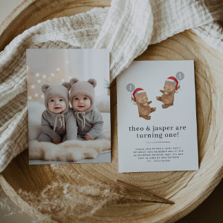 Twins Bear Weihnachtsmannmütze Erster Geburtstag F Einladung